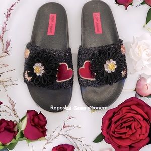 Betsey Johnson Black Embellished Pool Sliders